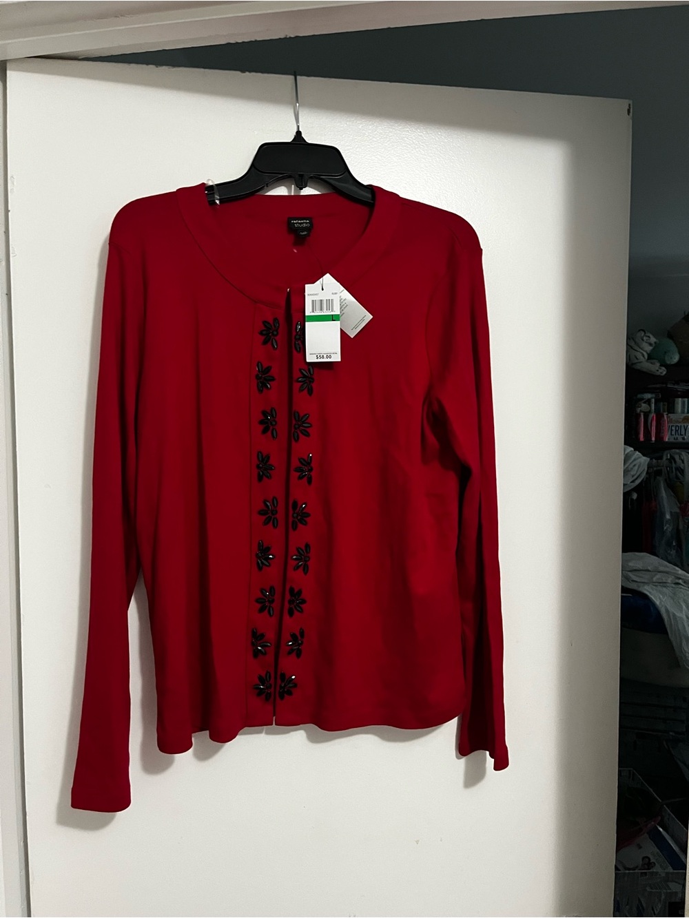 Rafaella Red Long-Sleeve Cardigan with Black Floral Embellishment